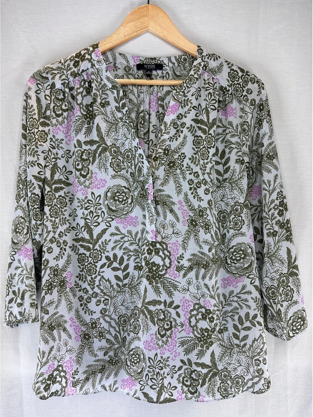 NYDJ Small Olive Green Lilac Floral Pintuck Blouse